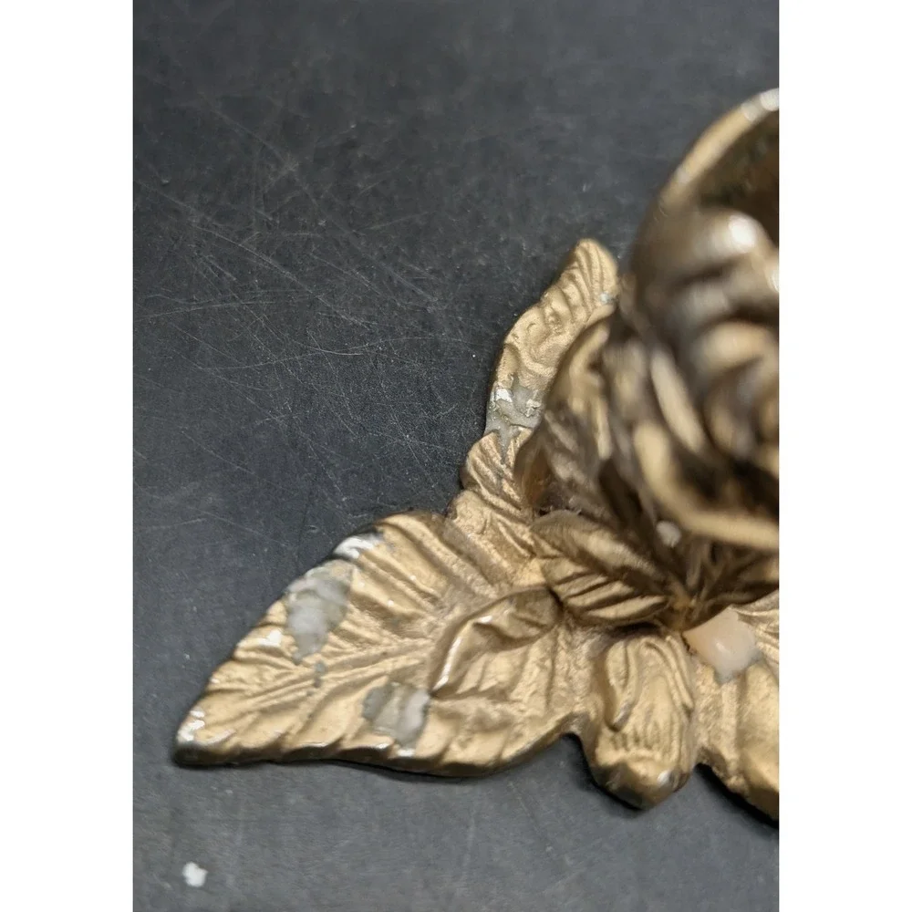 Vintage Metal Rose Bud Taper Candle Holder Floral Leaf Base Gold Tone Metal 2.5